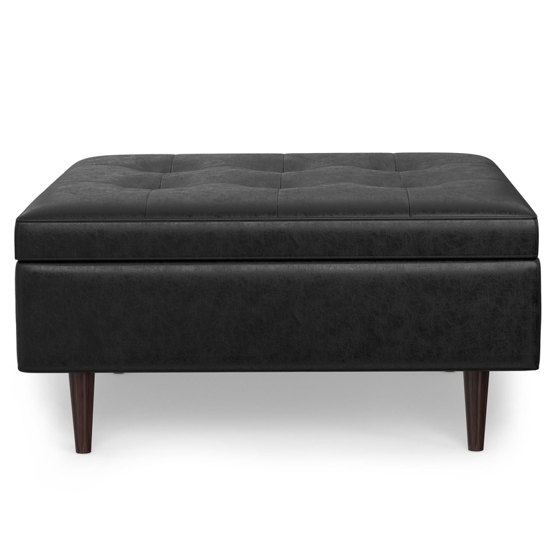 Shay – Mid Century Large Square Coffee Table Storage Ottoman – Distressed Black