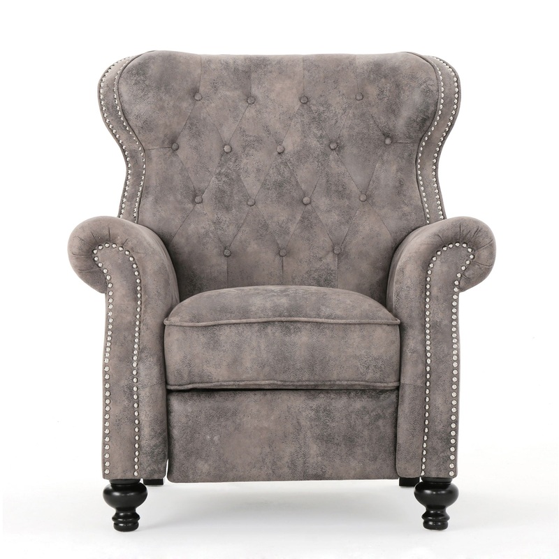 Accented Push Back Recliner Chair With Rolled Arms, Cocooning Comfort – Brown Gray