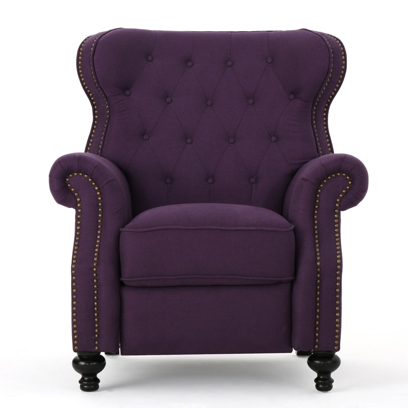 Accented Push Back Recliner Chair With Rolled Arms, Cocooning Comfort – Plum
