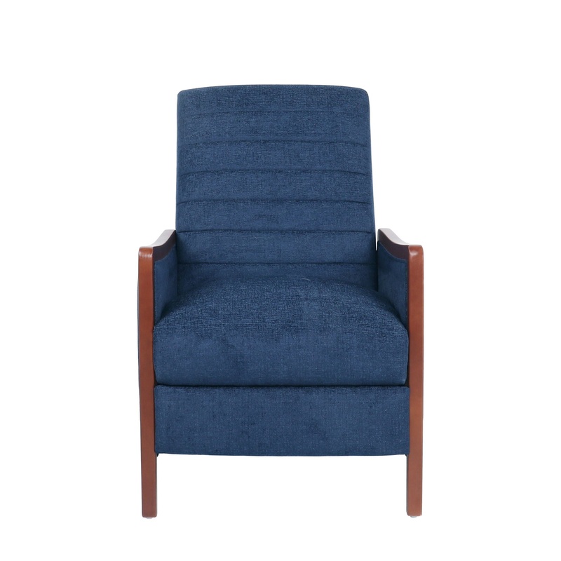 Mid Century Modern Channel Stitch Wood Pushback Recliner – Navy Blue