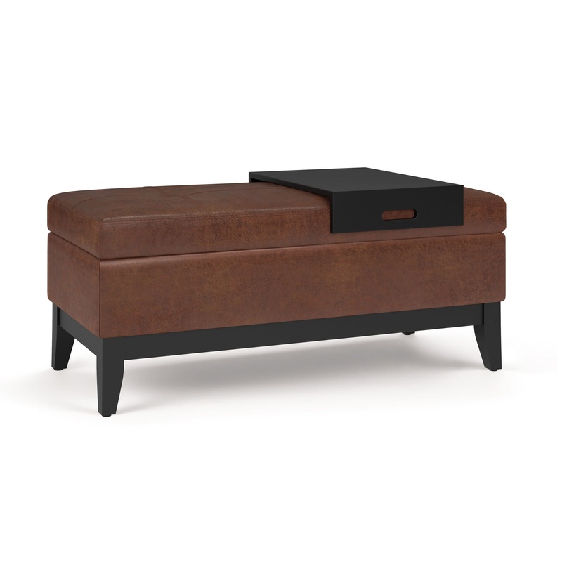 Oregon – Storage Ottoman Bench With Tray – Distressed Saddle Brown