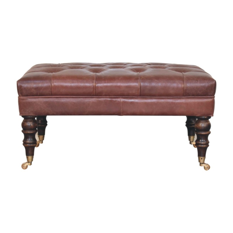 Buffalo – Brown Leather Ottoman With Castor Legs – Walnut
