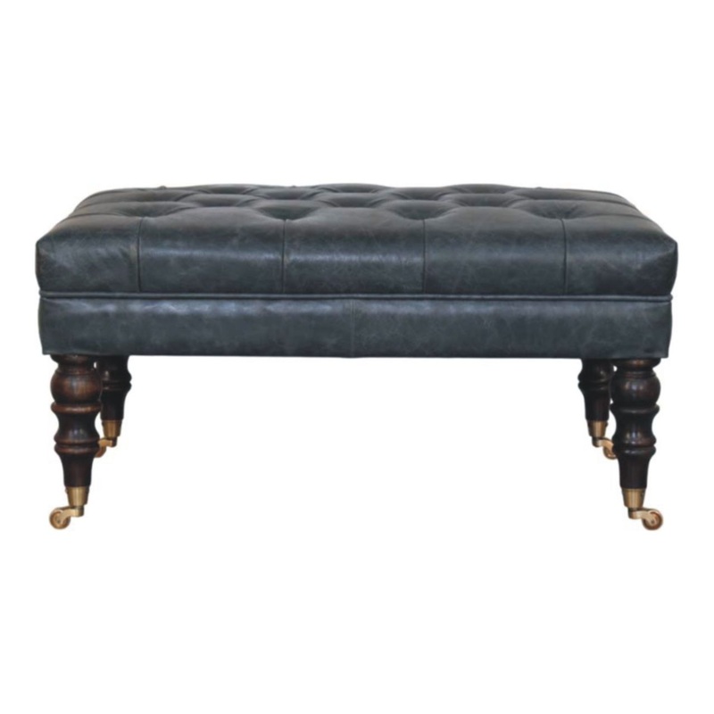 Buffalo – Leather Ottoman With Castor Legs – Brown / Teal