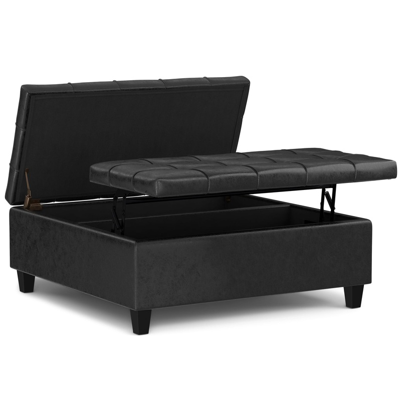 Harrison – Large Square Coffee Table Storage Ottoman – Distressed Black