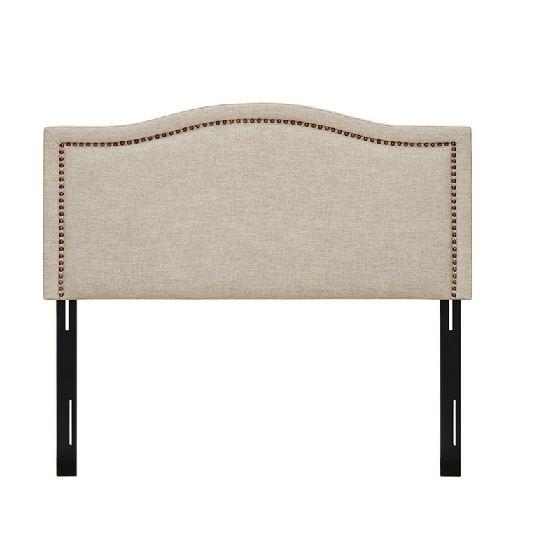 King Size Upholstered Panel Headboard With Copper Nailheads And Adjustable Metal Legs – Natural