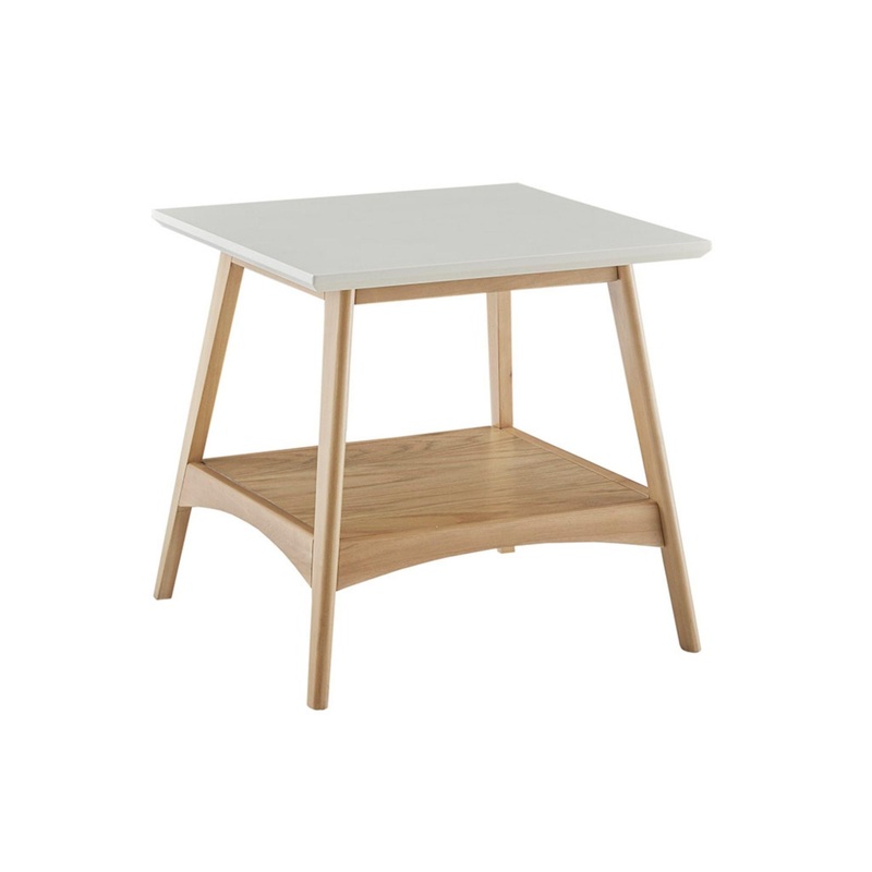 Mid – Century End Table With Storage Shelf – Off White / Natural