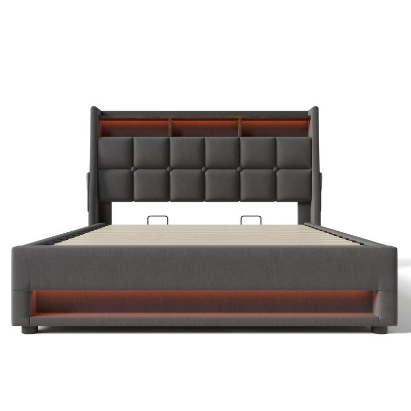 Queen Size Upholstered Platform Bed With A Hydraulic Storage System, LED And USB Charging (Without Mattress) – Gray