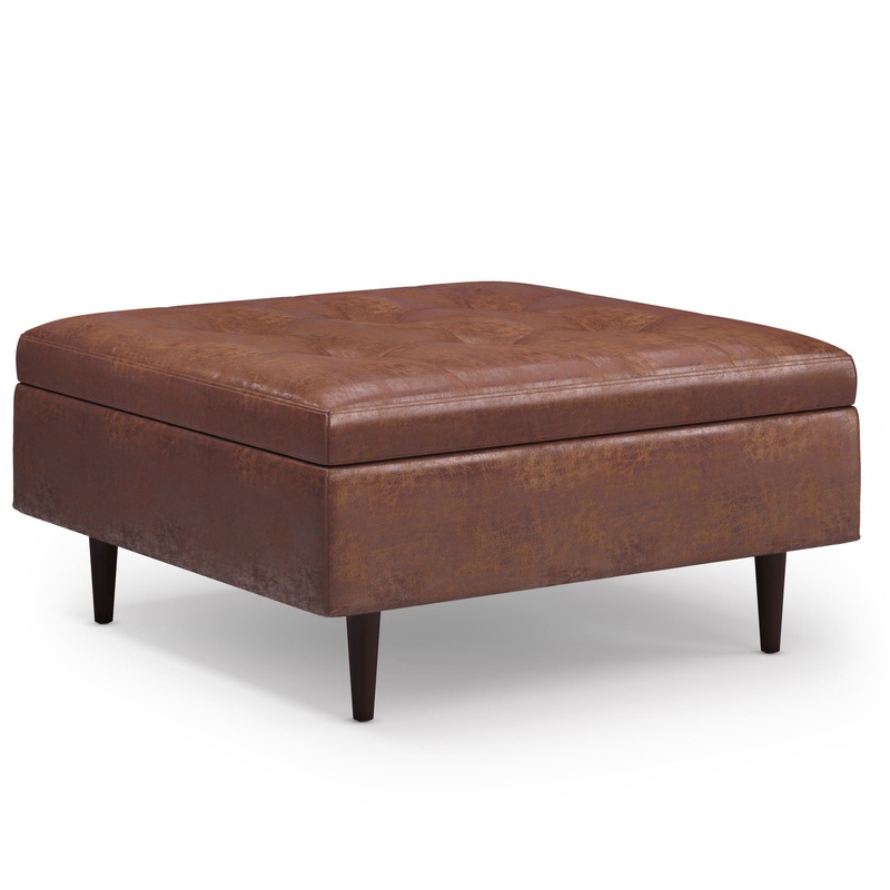 Shay – Mid Century Large Square Coffee Table Storage Ottoman – Distressed Saddle Brown