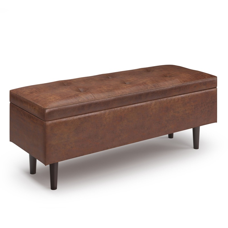 Shay – Mid Century Rectangular Storage Ottoman – Distressed Saddle Brown