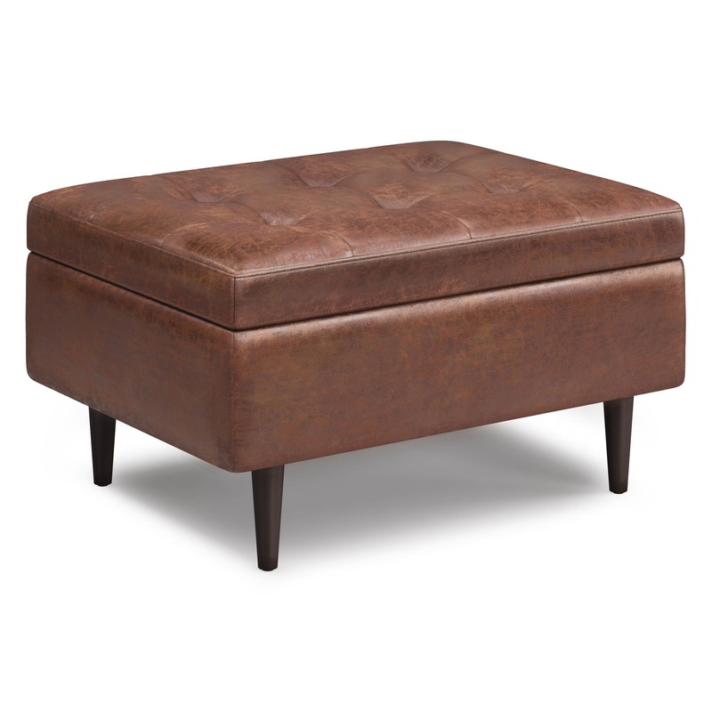 Shay – Mid Century Small Coffee Table Storage Ottoman – Distressed Saddle Brown