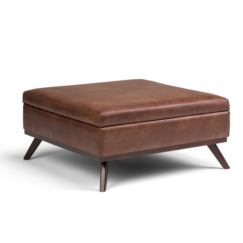 Owen – Square Coffee Table Storage Ottoman – Distressed Saddle Brown