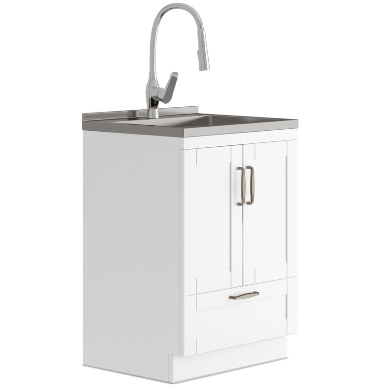 Reed – Deluxe Laundry Cabinet With Pull-Out Faucet And Stainless Steel Sink – White