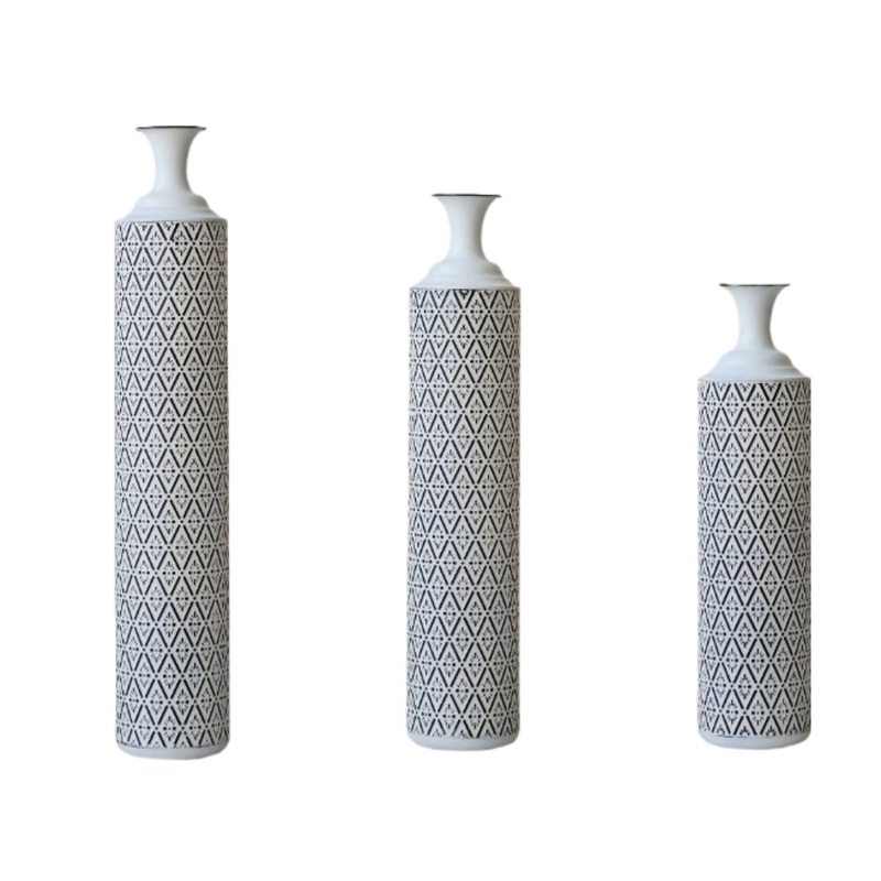 Modern Floor Vase Set Metal Vases With Geometric Pattern, 3 Piece Home Decor Set – White / Black