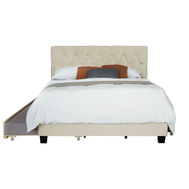 Queen Bed With Pull Out Trundle & Storage Drawers, No Box Spring Required, Space Saving Design – Beige