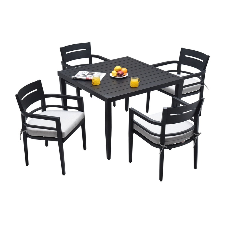 5 Piece Outdoor Patio Modern Dining Set, 4 Dining Chairs Sunbrella Fabric And Square Dining Table With Umbrella Hole – Ember Black