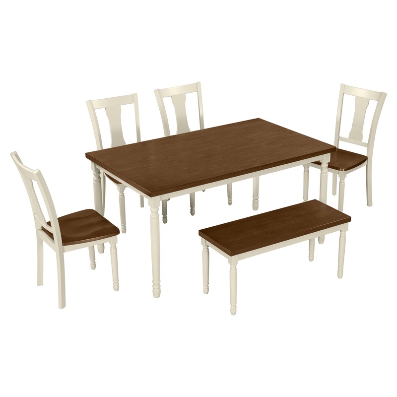 6 Piece Dining Set Classic Wooden Table And 4 Chairs With Bench For Kitchen Dining Room – Brown / Cottage White