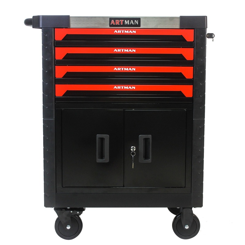 Removable 4 Drawer Metal Tool Cart With Lock – Black / Red