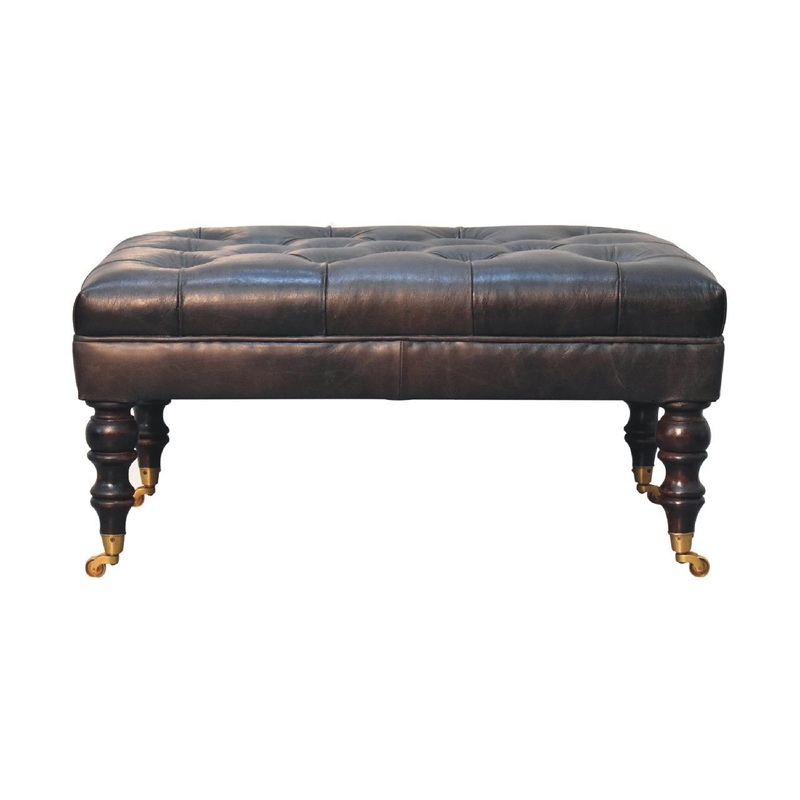 Buffalo – Leather Ottoman With Castor Legs – Black