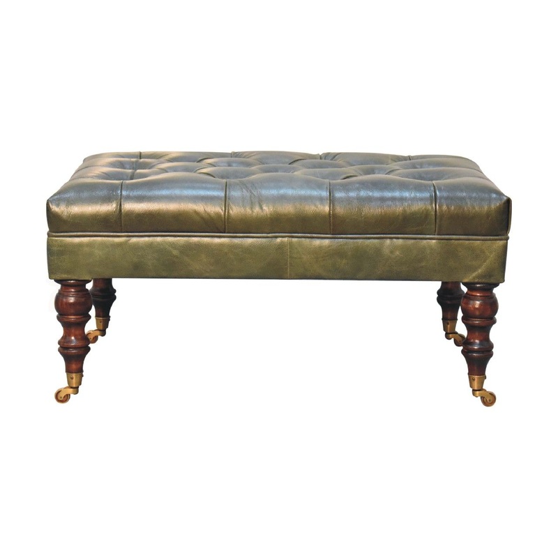 Buffalo – Leather Ottoman With Castor Legs – Green