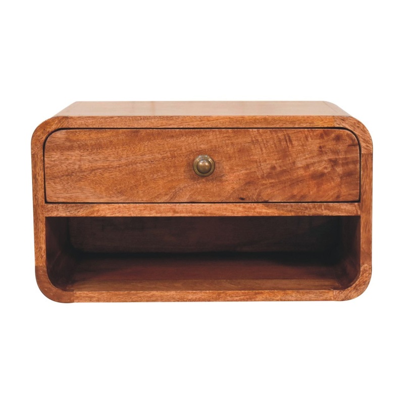 Curved Wall Mounted Bedside Table With Open Slot – Caramel