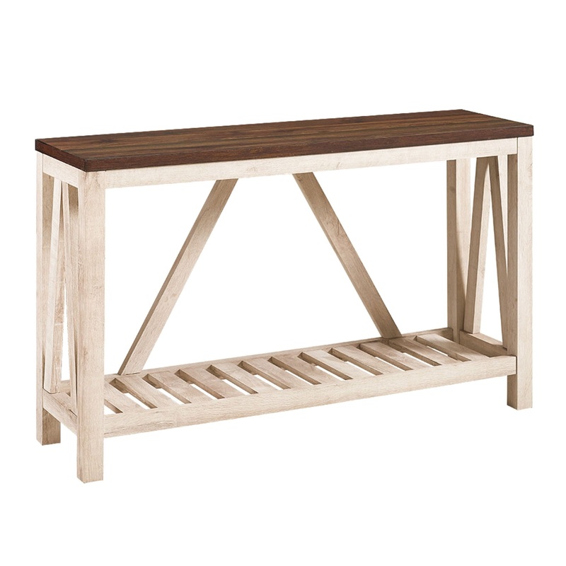 Farmhouse A Frame Entry Table With Lower Shelf – Dark Walnut / White Oak