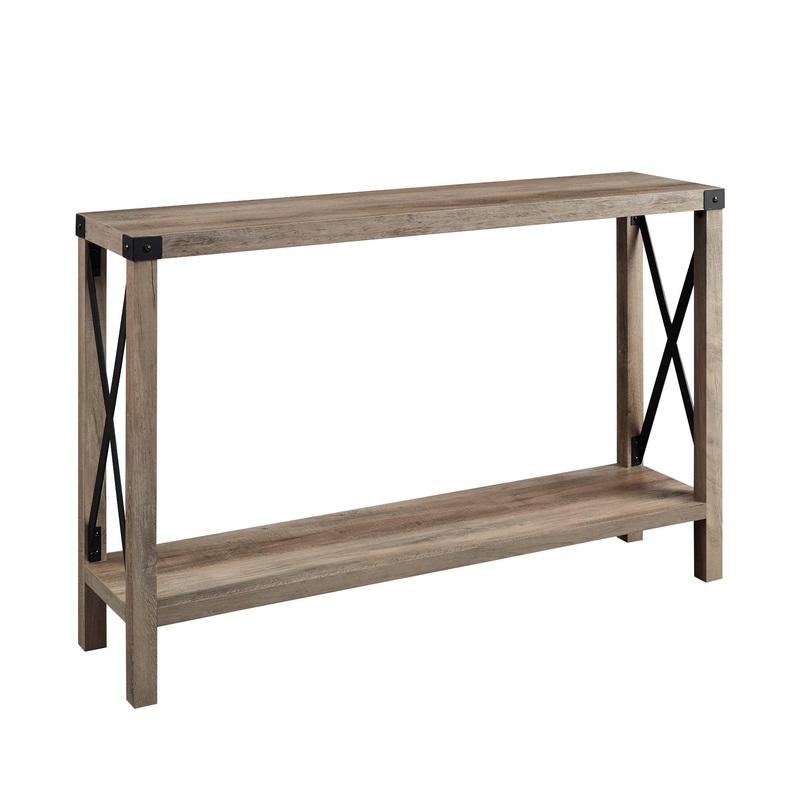 Modern Farmhouse X Entry Table With Lower Shelf – Gray Wash