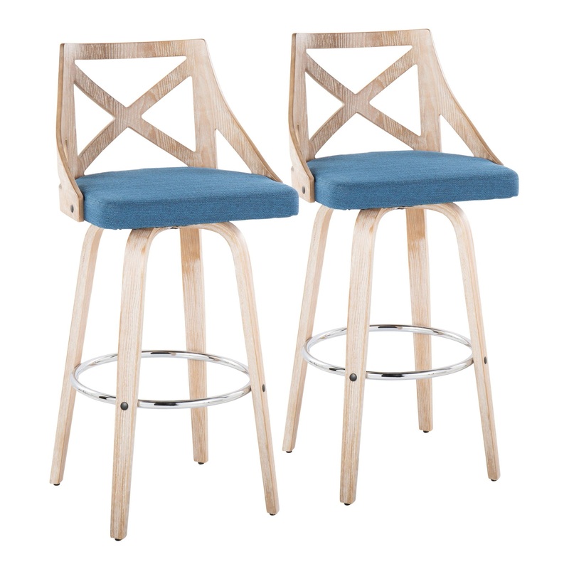 Charlotte – Farmhouse Fixed Height Counter Stool With Swivel And Round Footrest (Set of 2) – Blue / White Washed