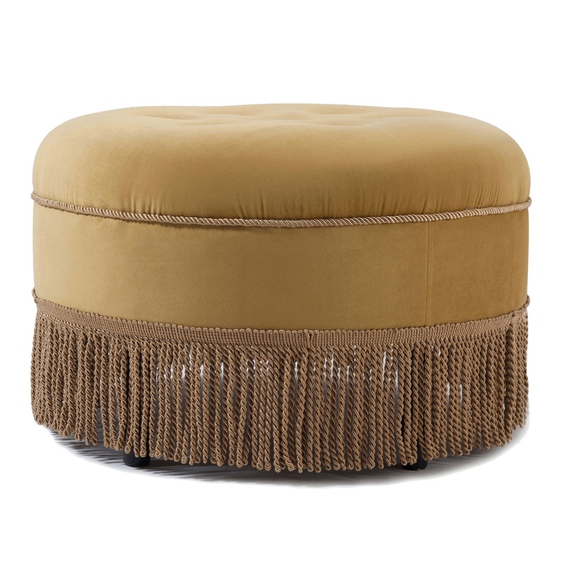 Yolanda – Round Upholstered Accent Ottoman – Gold Yellow / Gold