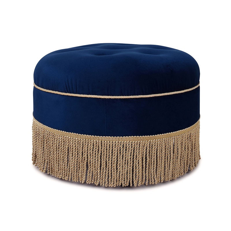 Yolanda – Round Upholstered Accent Ottoman – Navy Blue / Gold