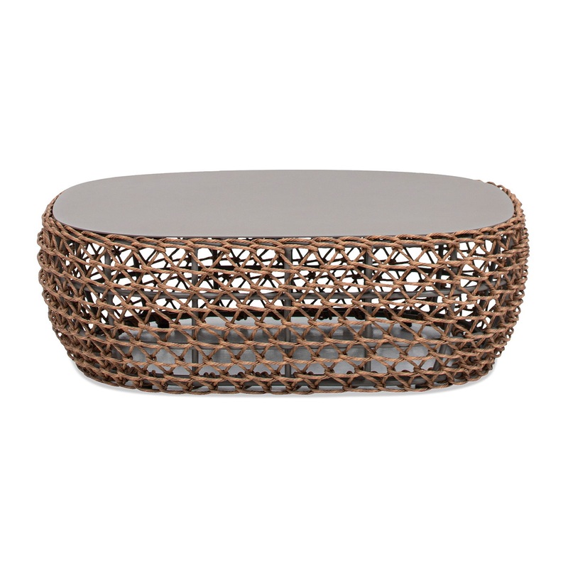 Willow – Oval Woven Patio Coffee Table, Wicker Frame – Wheat Beige / Golden Brown