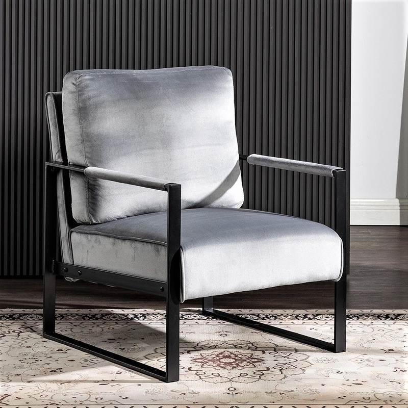 Classic Mid Century Modern Accent Chair With Durable Square Metal Frame, Armchair Upholstery – Gray