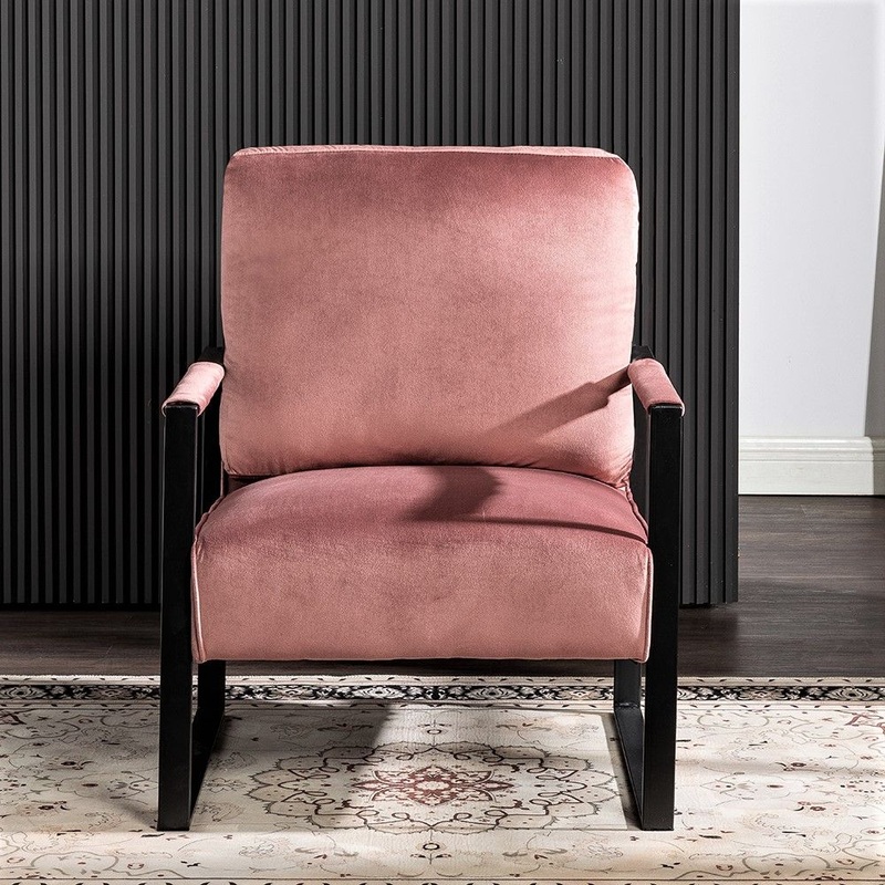 Classic Mid Century Modern Accent Chair With Durable Square Metal Frame, Armchair Upholstery – Rose