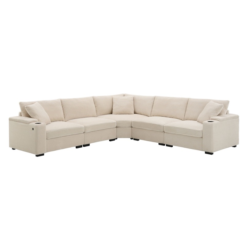 Convertible L Shaped Sectional Corner Couch With Armrest Storage Cup Holders USB Charger, Irregular Corner Oversized Comfy Modular Sofa – Beige