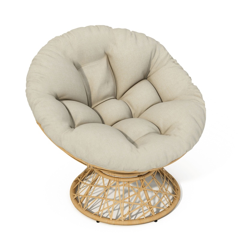 Ergonomic Wicker Chair With Cloud Thick Density Cushion, 3 Proof Cover High Capacity Iron Frame Fluid 360 Swivel – Beige / Natural