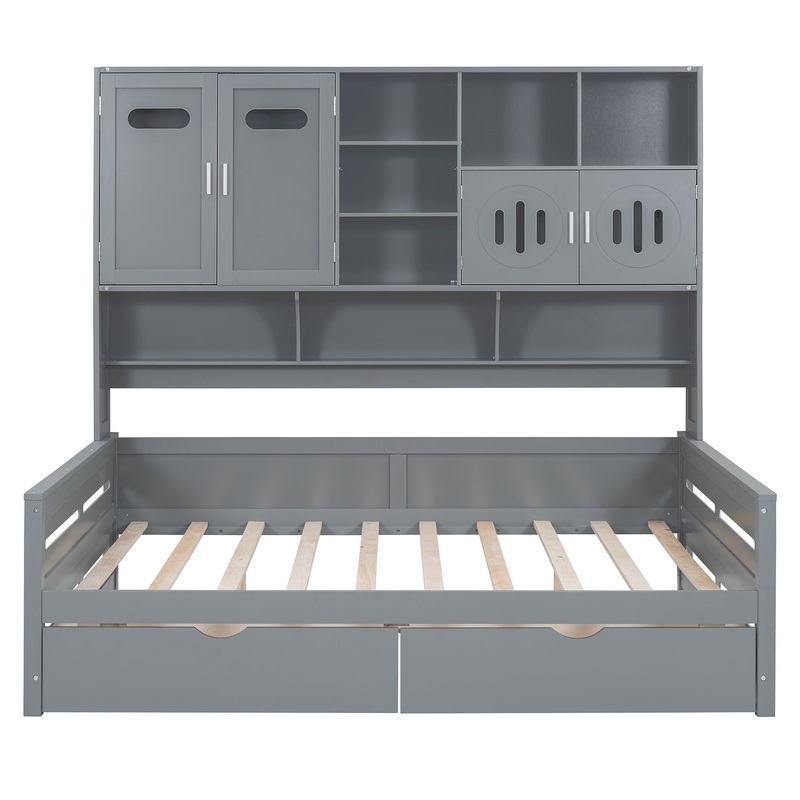 Full Size Daybed With 2 Drawers And All In One Cabinet And Shelf – Gray