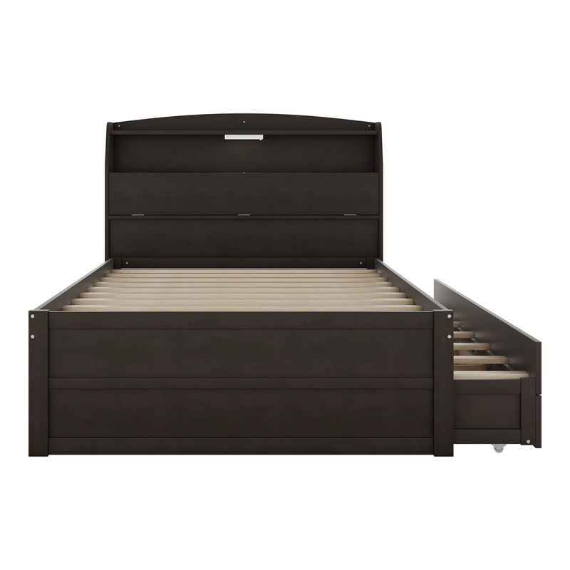 Full Size LED Platform Bed With Trundle With Storage Headboard With Drawers – Brown