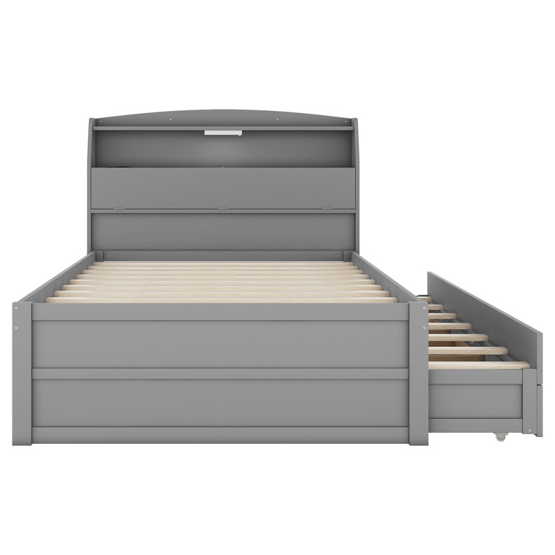 Full Size LED Platform Bed With Trundle With Storage Headboard With Drawers – Gray