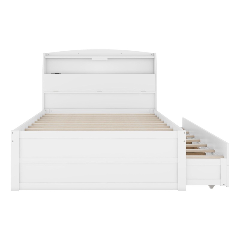 Full Size LED Platform Bed With Trundle With Storage Headboard With Drawers – White