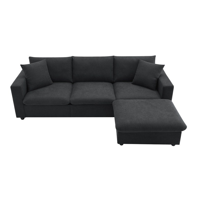 Modern Sectional Sofa With Throw Pillows, Cloud L Shaped Couch Set With Wide 4 Seat Comfy Couch Set With Movable Ottoman – Black