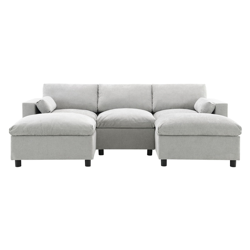 Modular Sectional With Storage Pockets, 5 Seat U Shaped Couch Set With Pillows Free Combination Modern Cloud Sofa With 2 Movable Ottoman – White