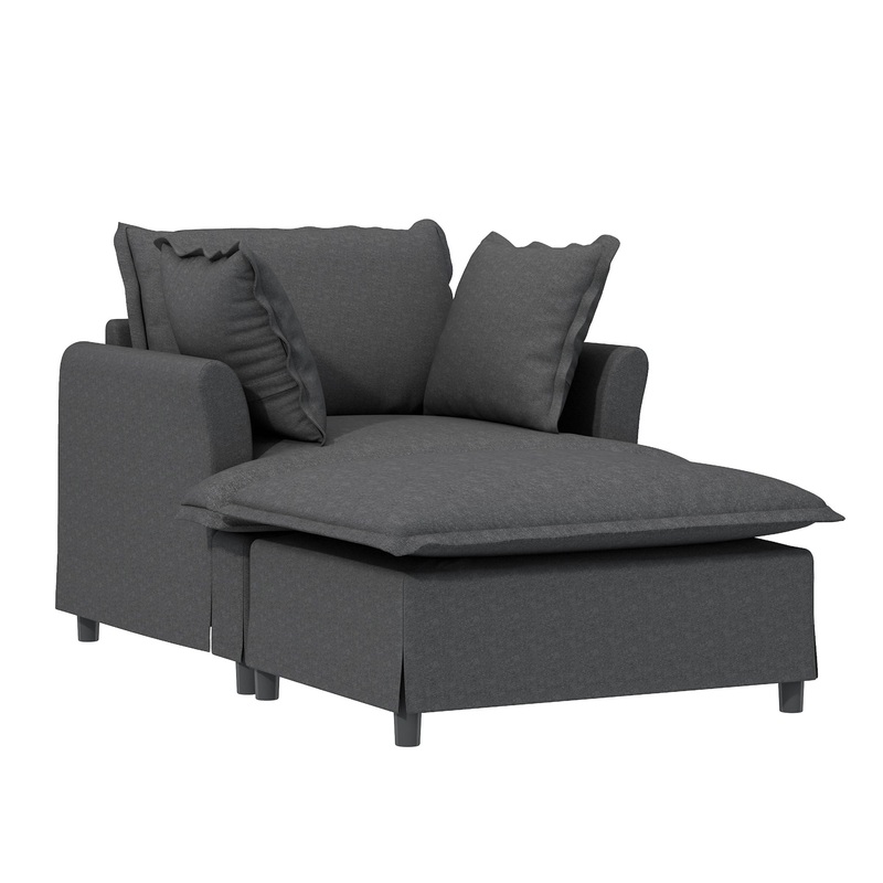 Oversized Chaise Lounge Indoor Single Sofa Bed With Wide Seat, Upholstered Lazy Sleeper Armchair With Movable Ottoman Reading Couch Set – Gray