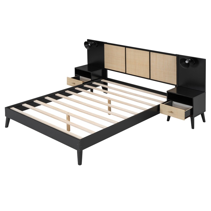 Queen Size Bed Frame With 2 Nightstands Elegant Design With Lamps – Black