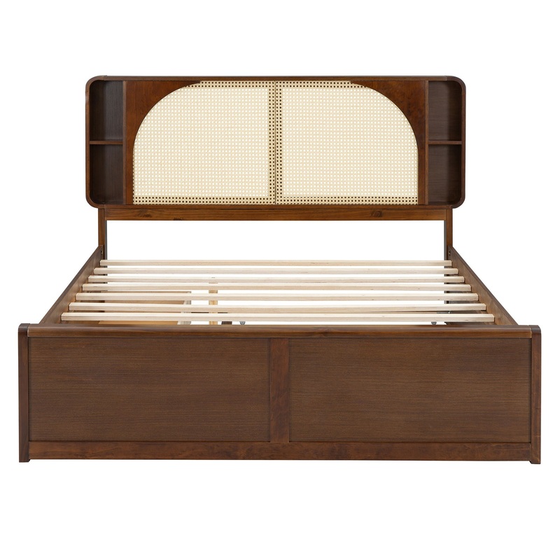 Queen Size Headboard Bed With 2 Drawers And Trundle Walnut