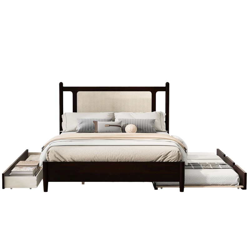 Queen Size Platform Bed With 2 Big Drawers Twin Size Trundle – Espresso