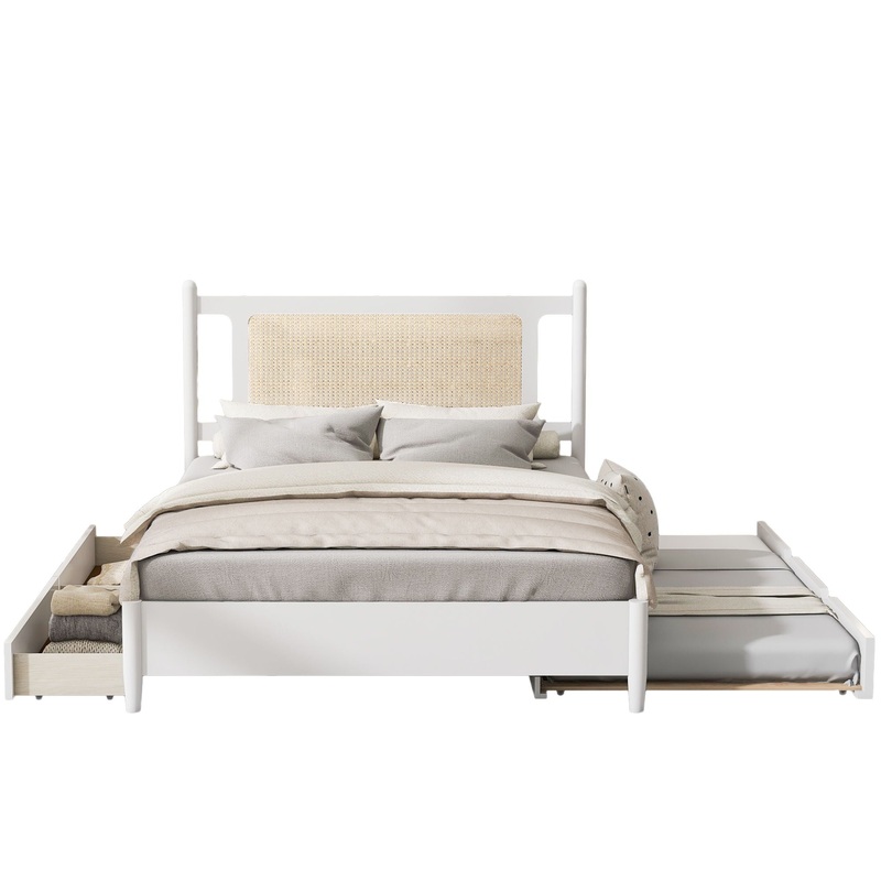 Queen Size Platform Bed With 2 Big Drawers Twin Size Trundle – White