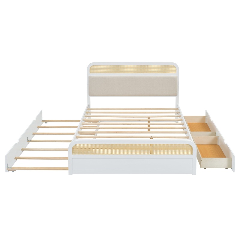 Queen Size Platform Bed With Trundle And 2 Drawers – White