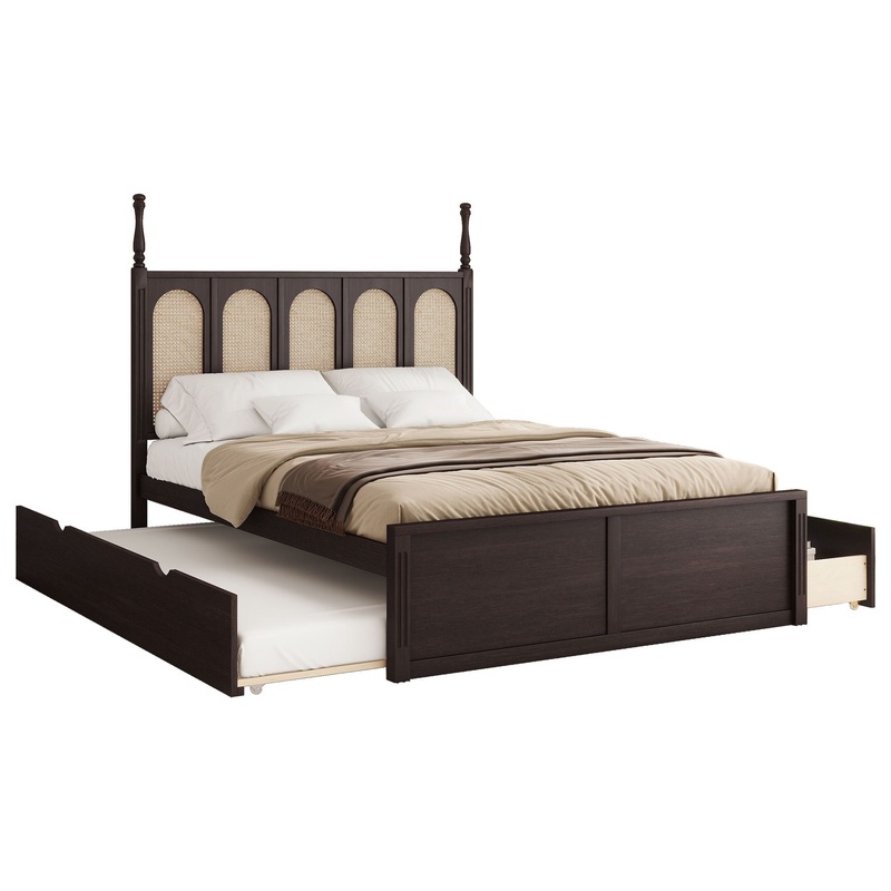 Queen Size Platform Bed With With 2 Big Drawers Twin Size Trundle – Espresso