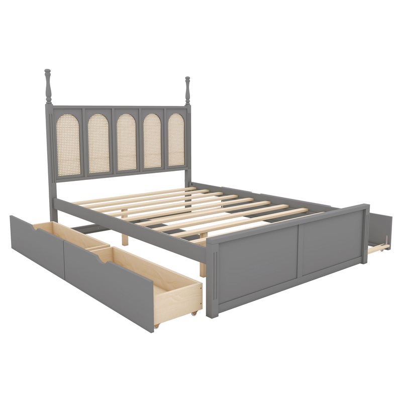 Queen Size Platform Bed With With 2 Big Drawers Twin Size Trundle – Gray