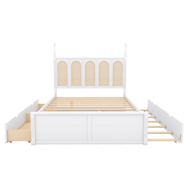 Queen Size Platform Bed With With 2 Big Drawers Twin Size Trundle – White