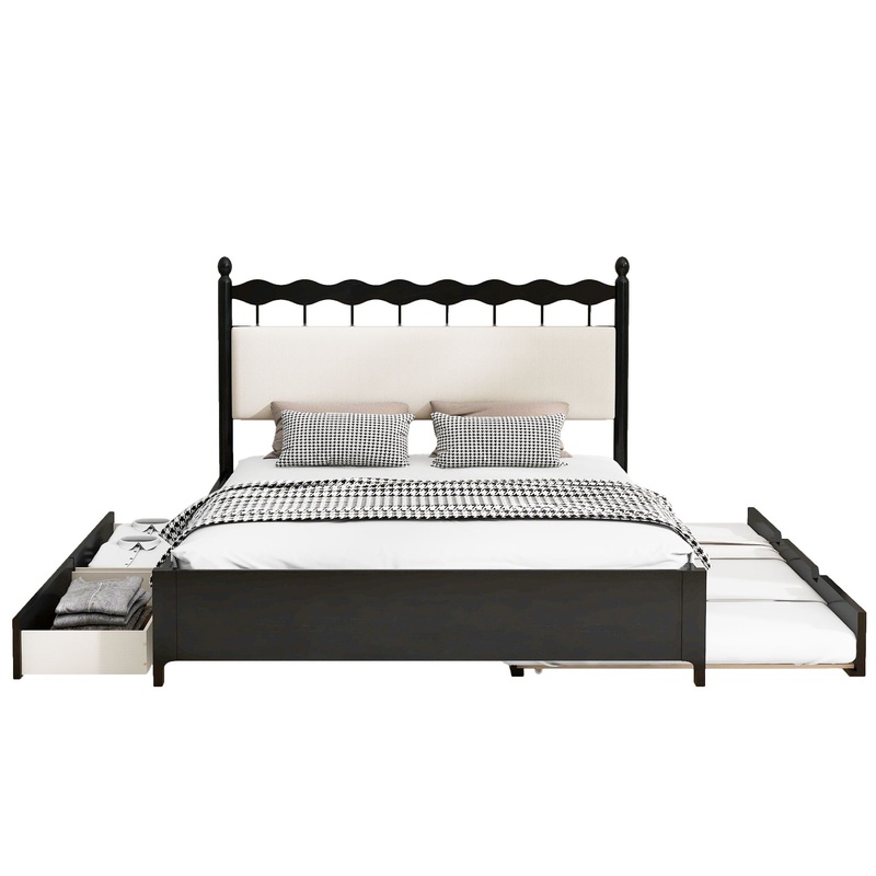 Queen Size Storage Platform Bed With 2 Big Drawers Twin Size Trundle – Espresso
